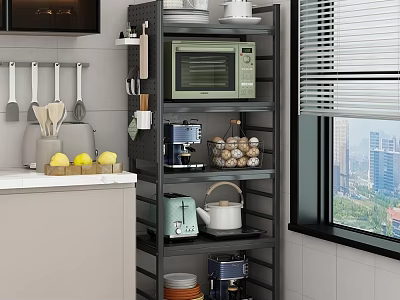 Black Multi tier Kitchen Storage Shelf With Microwave Coffee Maker Jars Teapot And Plates 3d model