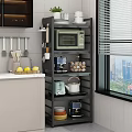 Black Multi tier Kitchen Storage Shelf With Microwave Coffee Maker Jars Teapot And Plates