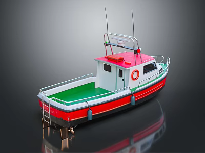 Colorful Small Fishing Boat With Ladder Lifebuoy And Antennas 3d model