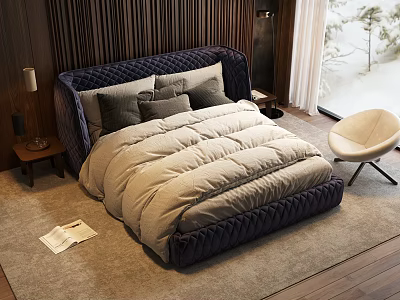 Navy Blue Tufted Double Bed With Beige Comforter Gray Pillows Wooden Nightstands And Accent Chair 3d model