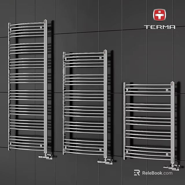 TERMA Silver Radiators Mounted On Black Tiled Wall For Bathroom Use 3d model