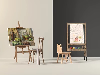 Art Easel With Painting Children's Drawing Paint Supplies And Wooden Chairs 3d model