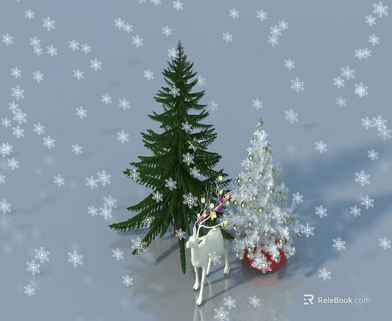Pet Cabinet With Two Christmas Trees White Reindeer And Snowflakes Decoration 3d model 