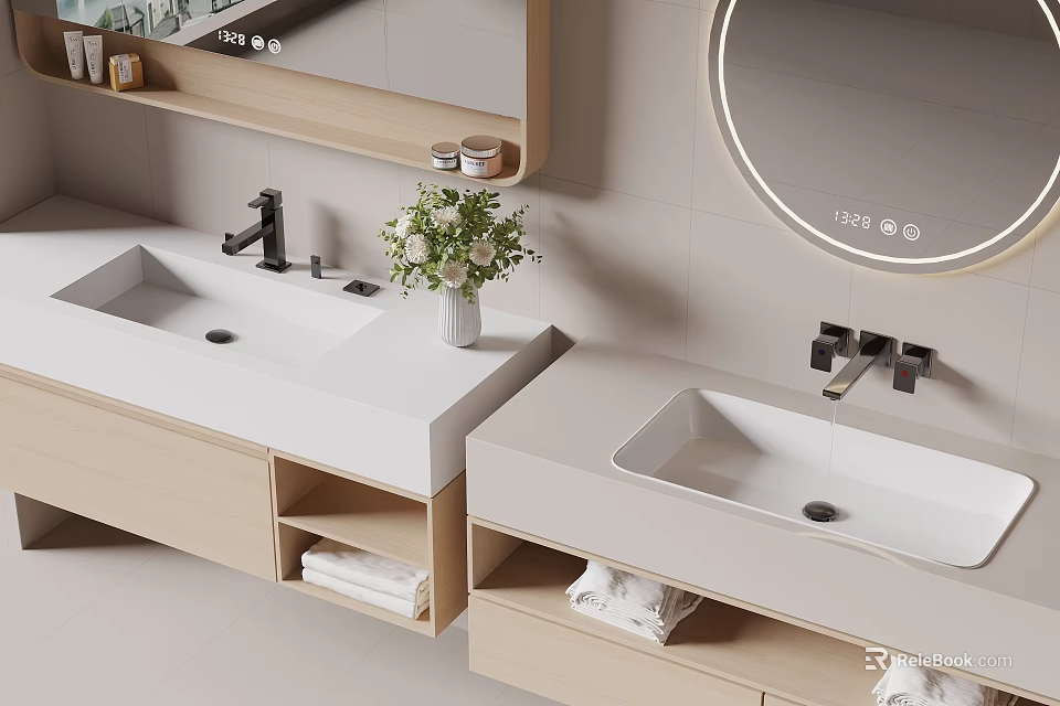 Modern Bathroom Vanity With Double White Sink Round Backlit Mirror And Wooden Cabinets 3d model 