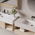 Modern Bathroom Vanity With Double White Sink Round Backlit Mirror And Wooden Cabinets