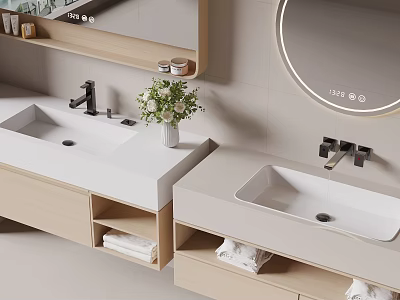 Modern Bathroom Vanity With Double White Sink Round Backlit Mirror And Wooden Cabinets 3d model