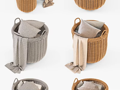 Woven Storage Baskets with Soft Blankets and Decorative Pillows for Home Organizing 3d model