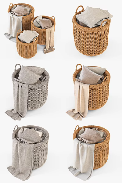 Woven Storage Baskets with Soft Blankets and Decorative Pillows for Home Organizing 3d model