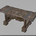 Decorative Wooden Table With Carved Patterns Blue Strips Drawer And Carved Legs