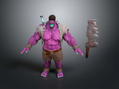 Purple Skinned Muscular Creature Character With Mask Shoulder Device And Large Axe Weapon 3d model