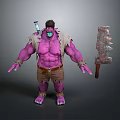 Purple Skinned Muscular Creature Character With Mask Shoulder Device And Large Axe Weapon