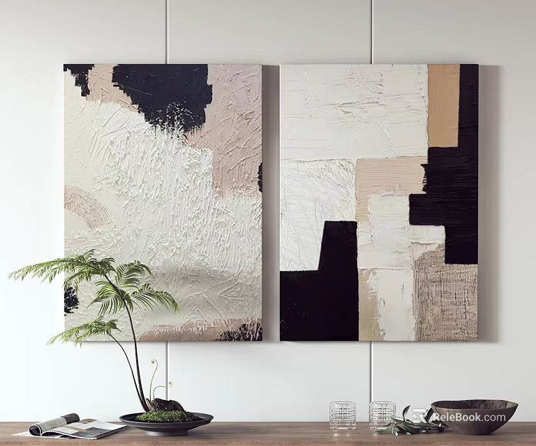 Two Panel Abstract Wall Art With Textured Black White Beige Tones And Potted Plant Decor 3d model