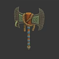 Ornate Axe With Wooden Handle Twisted Rope Green Patterns And Blue Orange Stripes