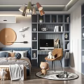 Kids Room Interior Design With Bed Pillows Bookshelf Desk And Teddy Bear Decor