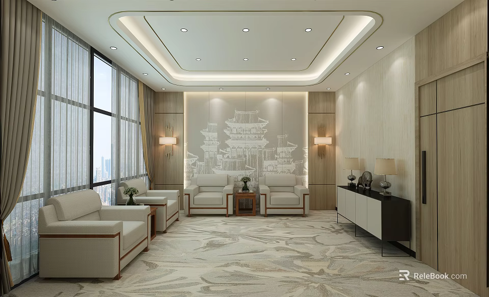 Modern Conference Room Interior Design With Sofas Coffee Tables And Wall Mural 3d model