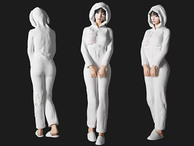 Woman In White Hooded Jumpsuit Full Body View From Three Angles 3d model