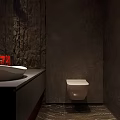 Modern Artistic Dark Tone Bathroom With Creative Decor Vessel Sink And Warm Red Ambient Lighting