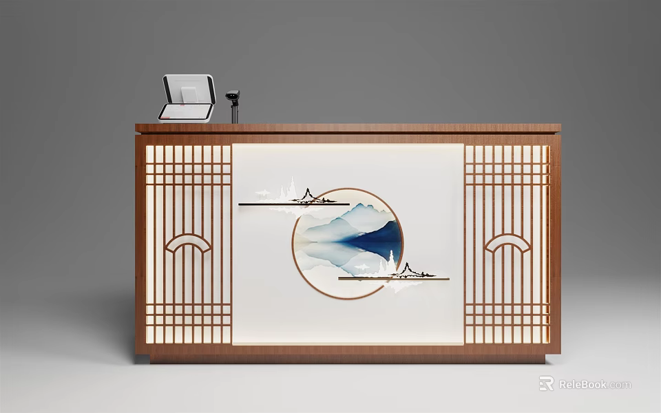Elegant Wooden Reception Desk With Circular Landscape Motif And Lattice Panels 3d model 