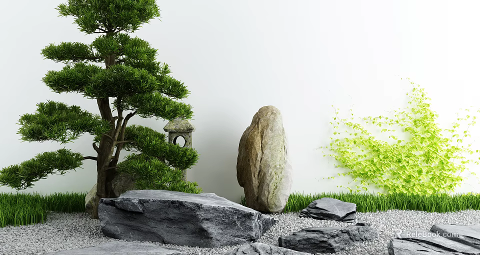 Japanese Courtyard Garden with Pine Tree Large Stone Stone Lantern Green Plants Moss Gravel 3d model 