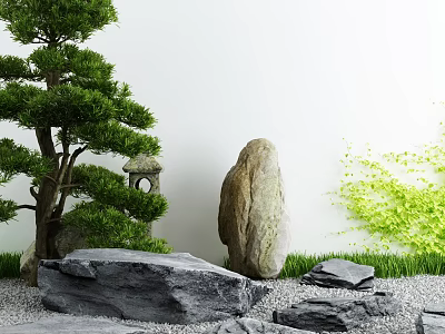 Japanese Courtyard Garden with Pine Tree Large Stone Stone Lantern Green Plants Moss Gravel 3d model