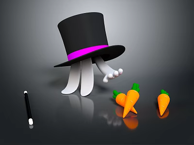 Cute Household Items Featuring Black Top Hat Purple Band Rabbit Legs Carrots And Magic Wand 3d model