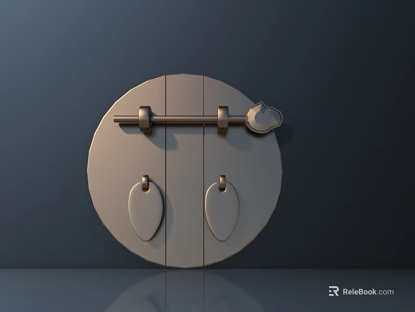 Elegant Metal Door Handle On Circular Wooden Door With Vertical Slats And Oval Decorative Plates 3d model 