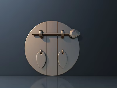 Elegant Metal Door Handle On Circular Wooden Door With Vertical Slats And Oval Decorative Plates 3d model