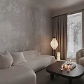 Elegant Minimalist Neutral Toned Living Room With Soft Armchairs Dark Coffee Table And Long Curtains