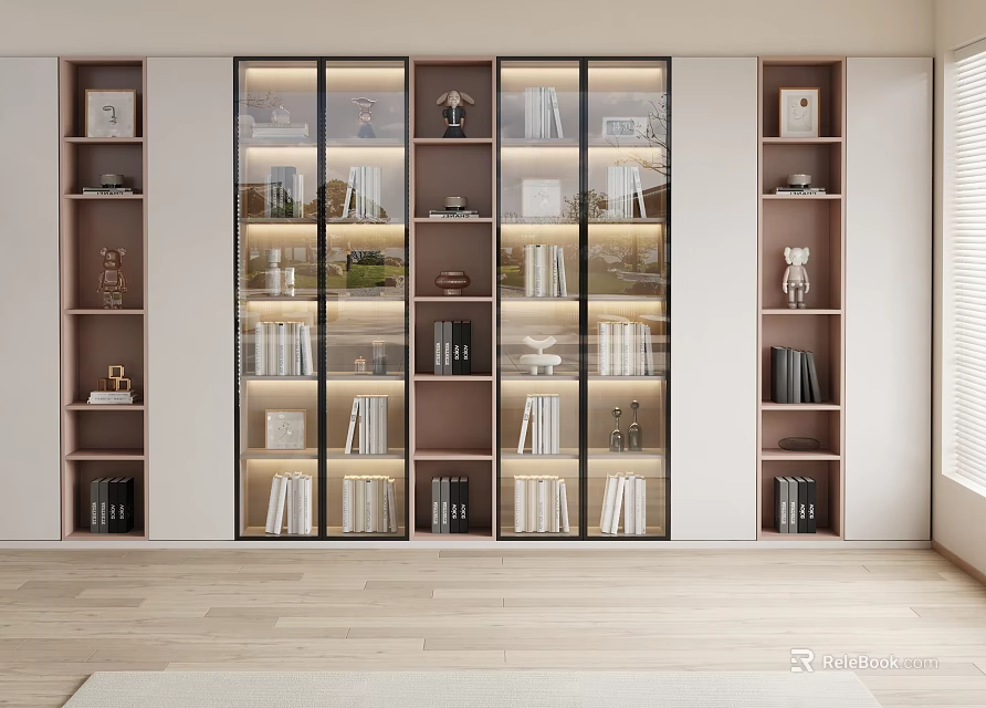 Modern Bookcase With Glass Doors And Built In LED Lighting For Home Library Display Shelves 3d model 