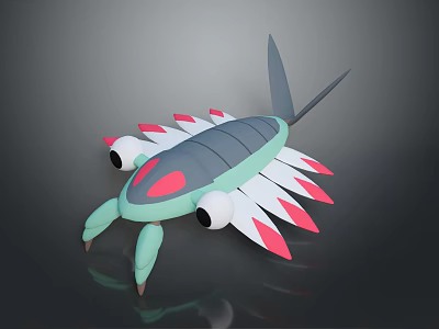 Fictional Creature With Gray Body Green Head Red White Fins Large Eyes Scorpion Tail Claws 3d model