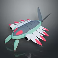 Fictional Creature With Gray Body Green Head Red White Fins Large Eyes Scorpion Tail Claws
