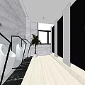 Public Restroom Interior With White Urinals Black Glass Partitions Green Plants Light Wooden Flooring Gray Walls