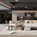 Modern Living Room Interior Design With Sofa Coffee Table Bookshelf Pendant Light Area Rug