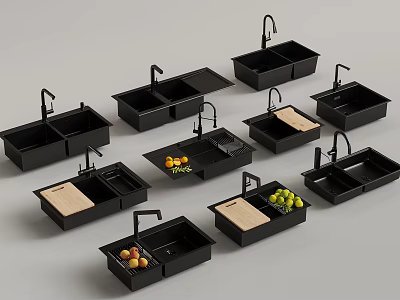 Various Black Kitchen Sinks with Faucets Cutting Boards and Fresh Fruits 3d model