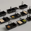 Various Black Kitchen Sinks with Faucets Cutting Boards and Fresh Fruits