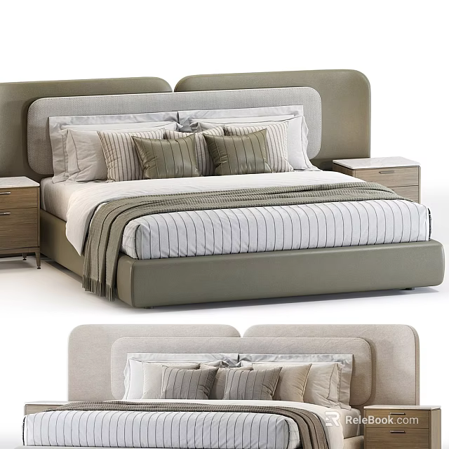 Modern Double Bed Interior With Gray Headboard Striped Bedding And Nightstands 3d model 
