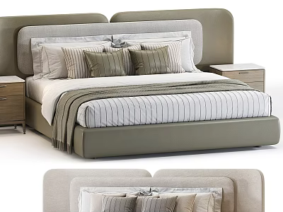 Modern Double Bed Interior With Gray Headboard Striped Bedding And Nightstands 3d model
