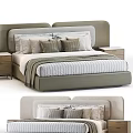 Modern Double Bed Interior With Gray Headboard Striped Bedding And Nightstands