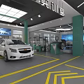 Modern Automotive Specialty Repair Store With White Car Repair Equipment Green Pillars And Yellow Lines