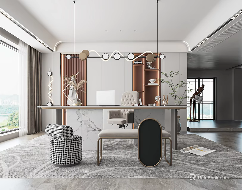 Modern Home Office Interior Featuring Circular Pendant Lights Marble Countertop Large Windows And Indoor Plants 3d model 