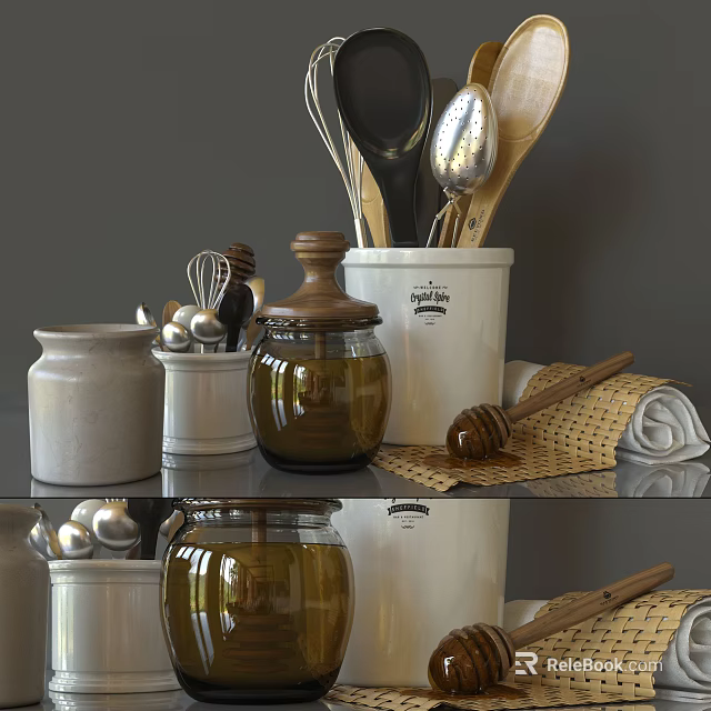 Kitchen Utensils Display With Wooden Spoons Whisk Honey Jar Ceramic Jars And Cloth 3d model 