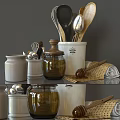Kitchen Utensils Display With Wooden Spoons Whisk Honey Jar Ceramic Jars And Cloth