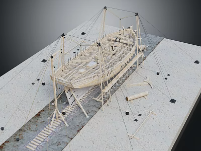 Wooden Boat Construction Model with Support Structures Ropes and Wooden Planks on 3d model