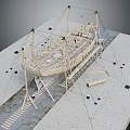 Wooden Boat Construction Model with Support Structures Ropes and Wooden Planks on
