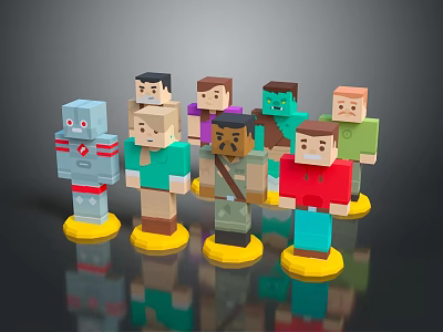 Various Colorful Block Style Character Dolls Standing On Yellow Bases 3d model