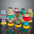 Various Colorful Block Style Character Dolls Standing On Yellow Bases
