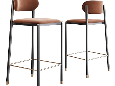 Modern Brown Upholstered Bar Stools with Sleek Black Metal Frame and Curved Backrest 3d model