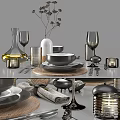 Stylish Tableware Set With Wine Bottle Glasses Bowls Plates Napkins Cutlery And Candle Holders