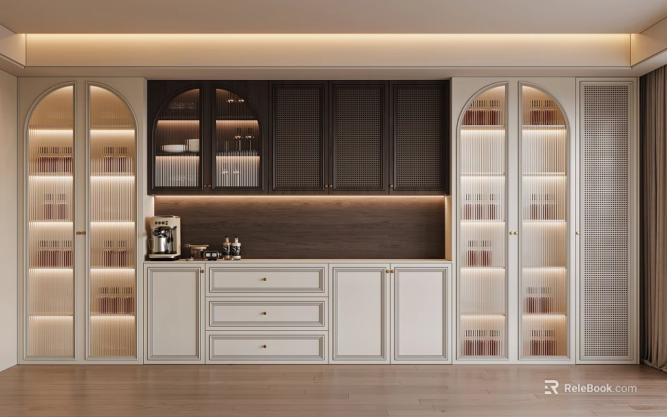 Modern Dining Room Sideboard Cabinet With Glass Doors LED Lighting Drawers And Storage 3d model 