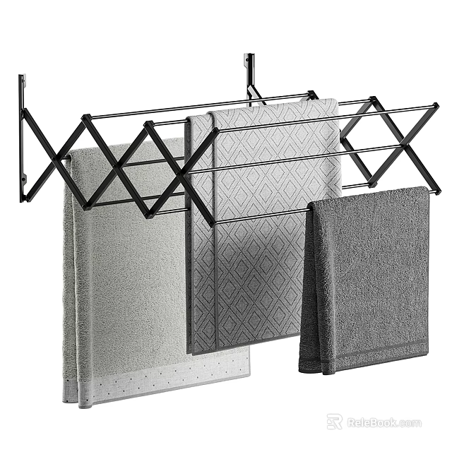 Black Wall Mounted Foldable Storage Shelf with Multiple Hanging Towels and Design 3d model 